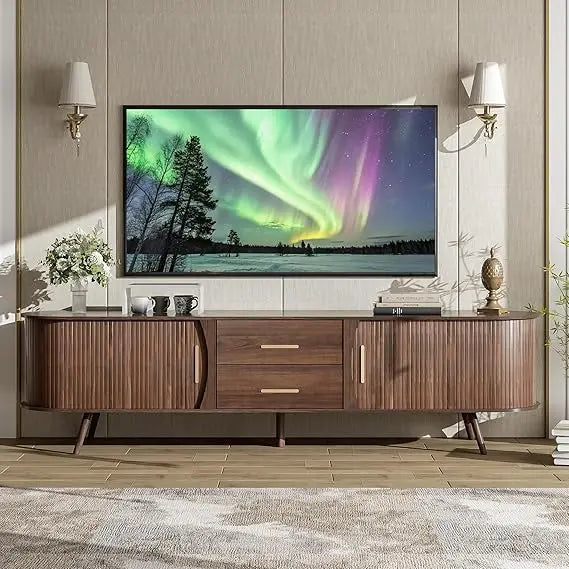 Dresden Collection | Fluted Drawer Walnut Console - styled from an alternate angle revealing dimensional depth in a Mid-Century Modern entryway setting.