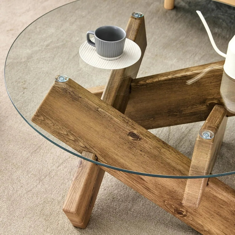 Fontaine Collection | Floating Glass-Top Tempered Glass Coffee Table - captured in a curated lifestyle vignette in a Mid-Century Modern living room setting.