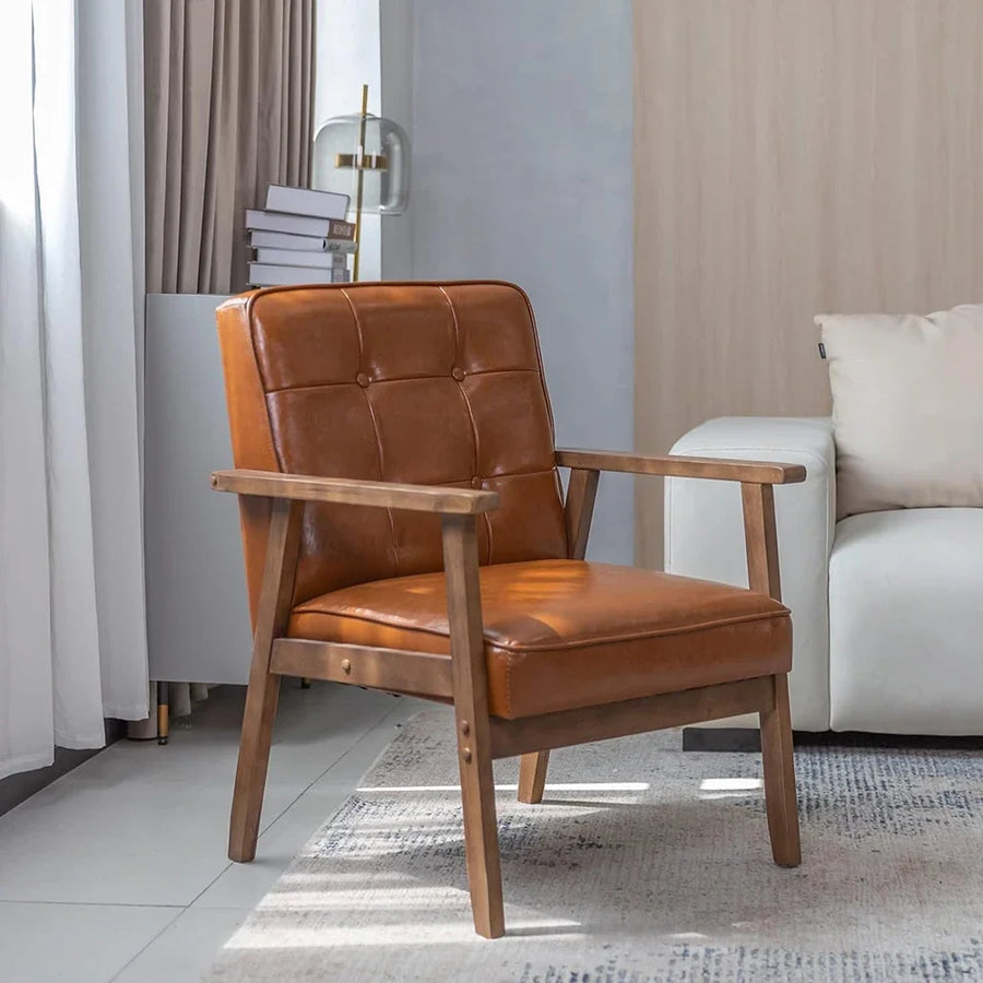 Belmont Collection | Sculptural Leather-Wrapped Cognac Leather Accent Chair - showcasing full sculptural form and curated finish in a Mid-Century Modern living room setting.