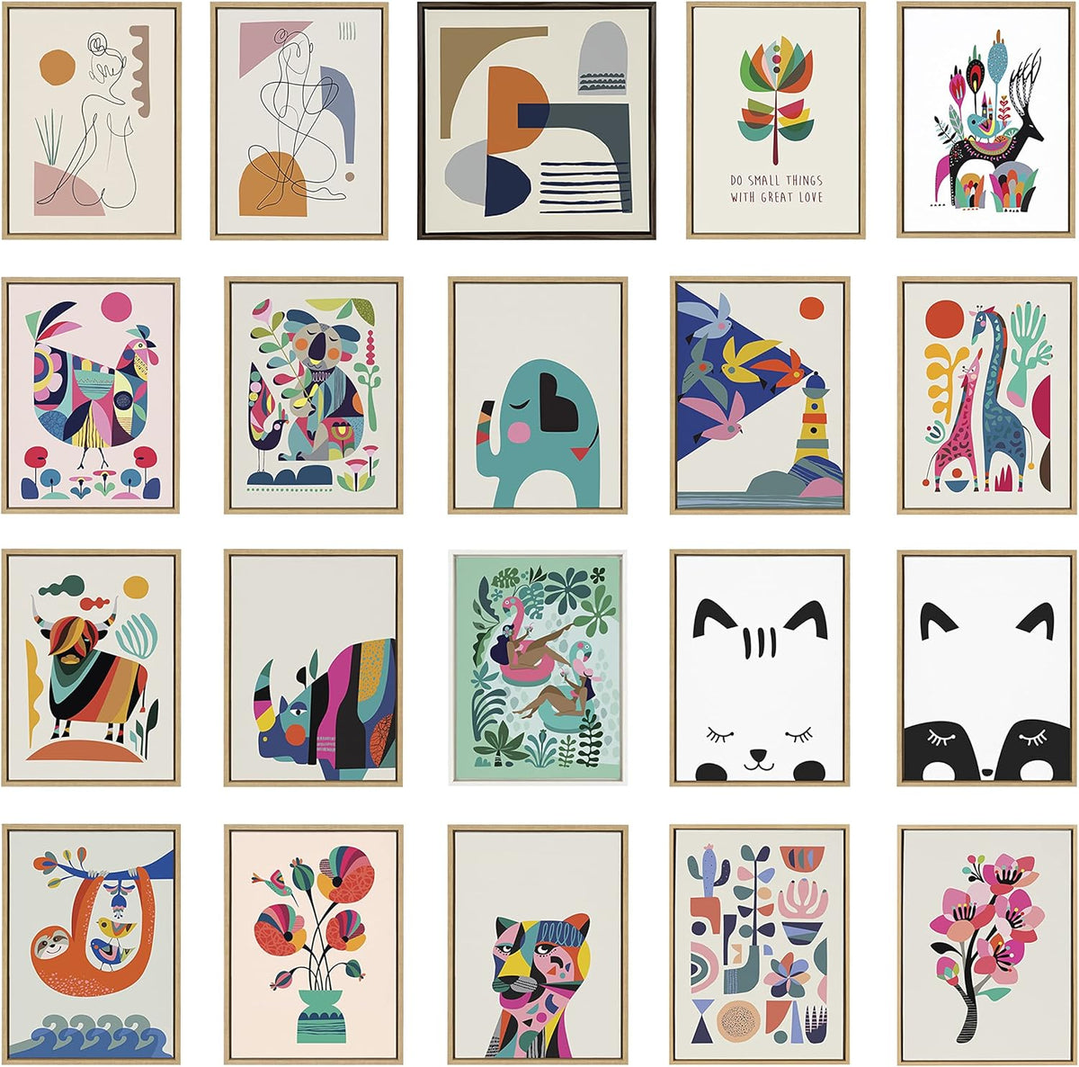 Sylvie Mid Century Modern Pattern Framed Canvas Wall Art by Rachel Lee of My Dream Wall; 18X40 Natural; Colorful Abstract Art Print for Wall