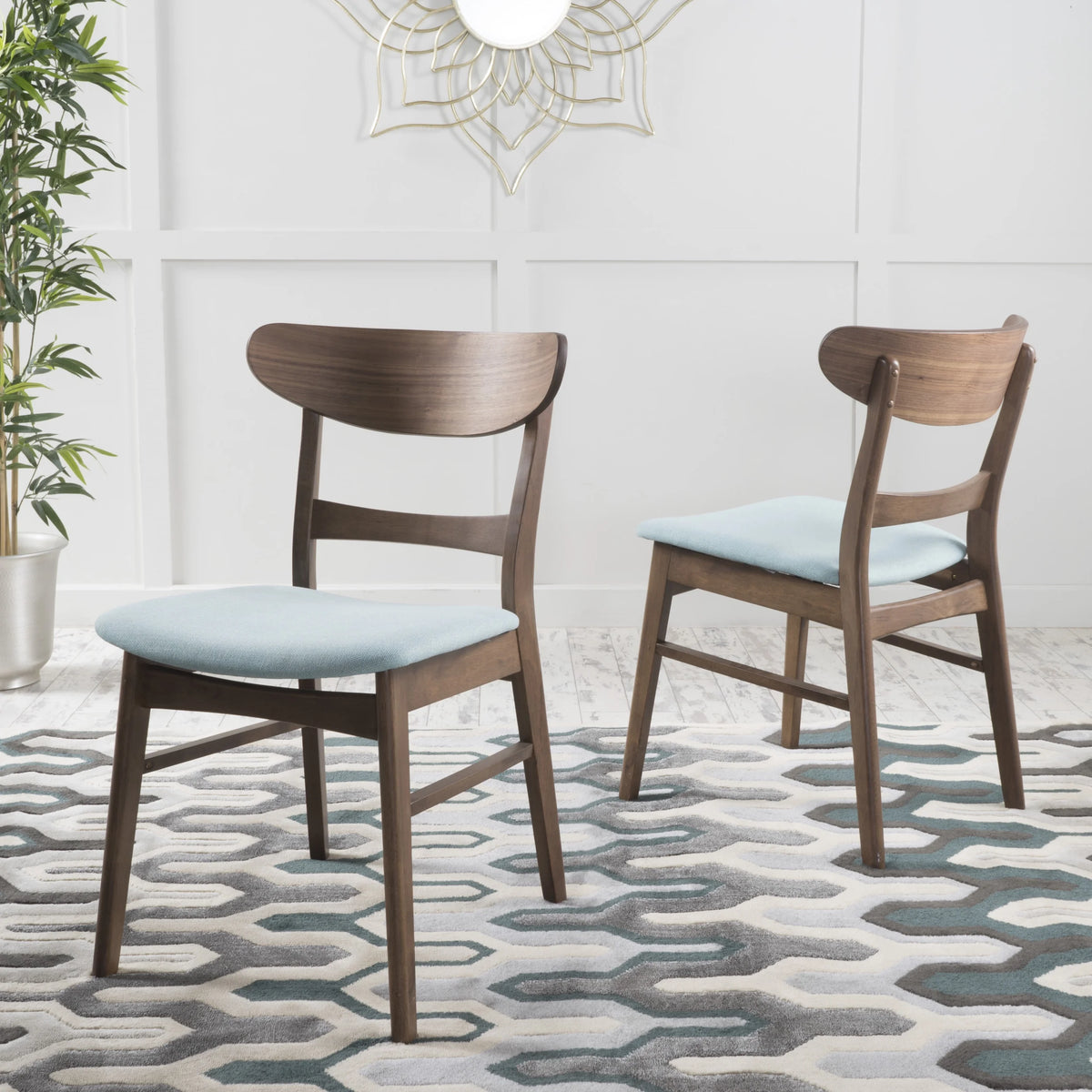 GDF Studio Isador Mid Century Modern Fabric Upholstered Wood Dining Chairs, Set of 2, Mint and Walnut