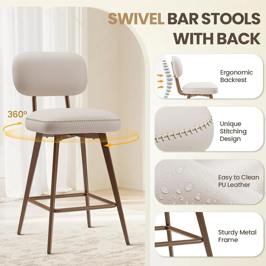 Dresden Collection | Geometric Brass-Accented Beige Swivel Barstools - showcasing full sculptural form and curated finish in a Mid-Century Modern dining room setting.
