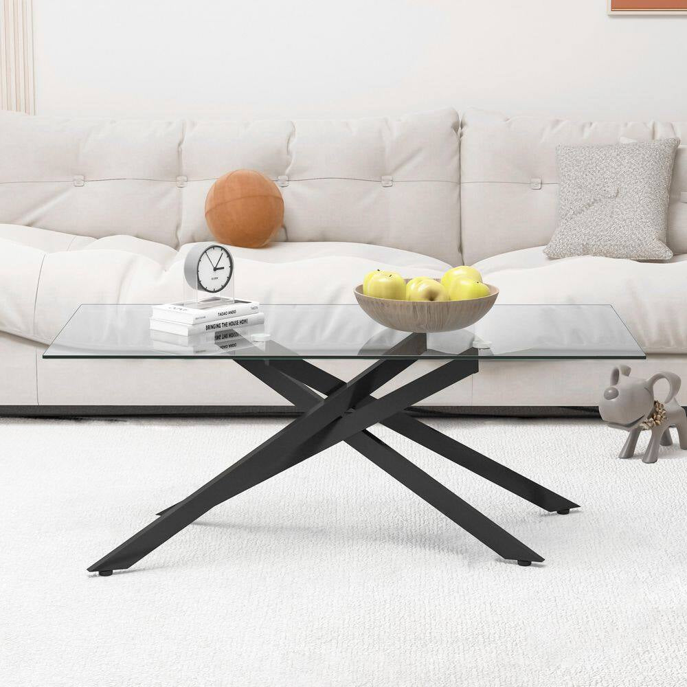 47.2 In. Rectangle Clear Tempered Glass Coffee Table with Black Metal Legs, Modern Living Room Accent Furniture