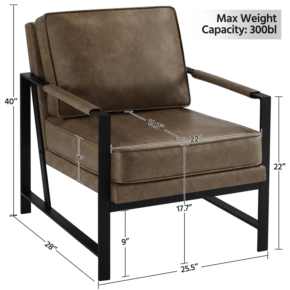 Mid-Century Modern Accent Chair with Metal Frame, Brown Faux Leather