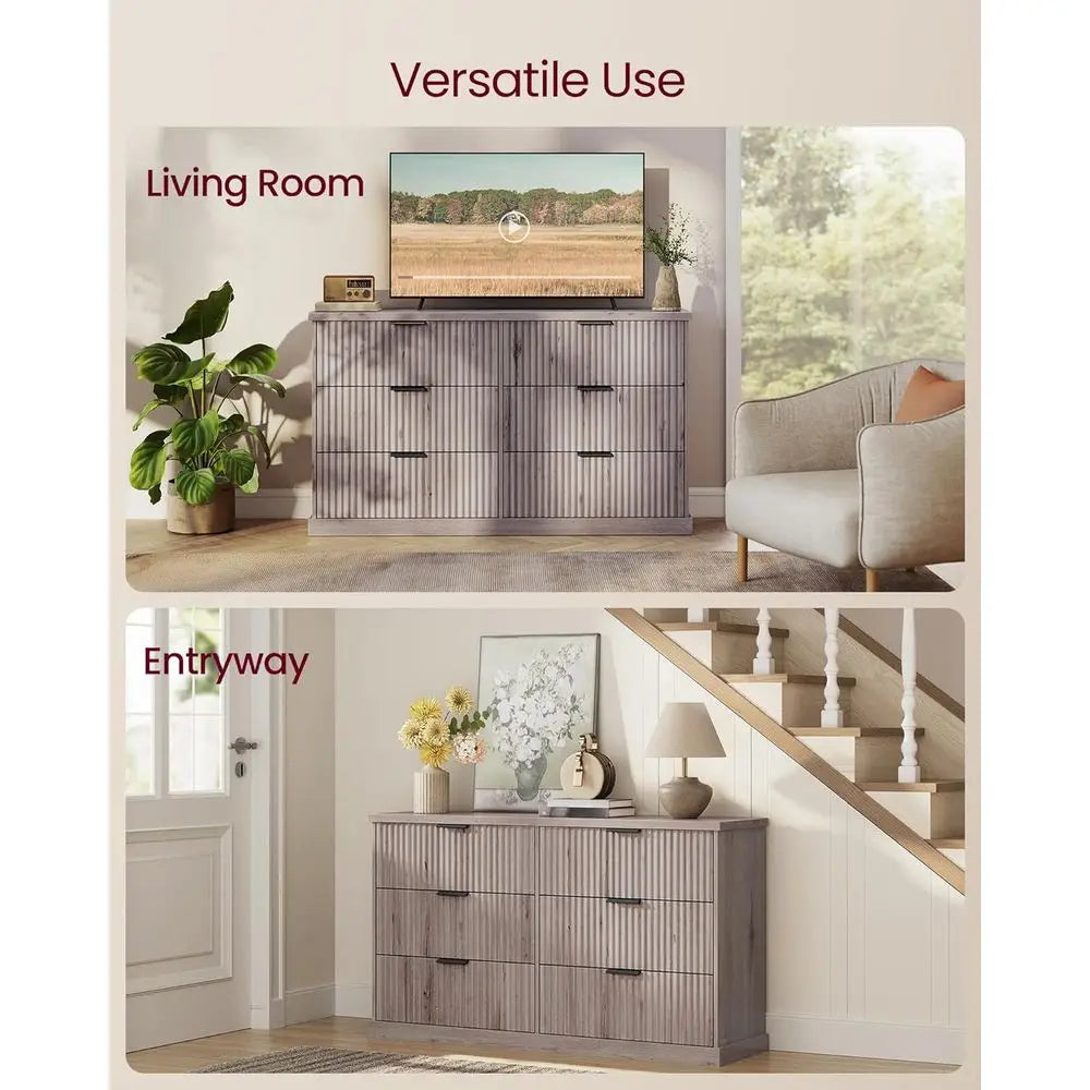 Cordoba Collection | Fluted Brass-Accented Walnut Six-Drawer Dresser - featuring close-up joinery and artisanal finish quality in a Mid-Century Modern bedroom setting.