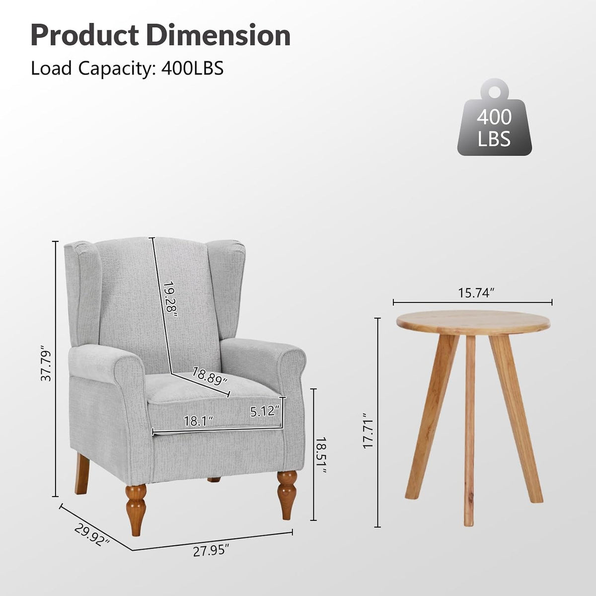 High Wingback Chairs with Table - Midcentury Modern Accent Chair for Living Room, Upholstered Armchair with Solid Legs, Light Grey Living Room Chairs for Living Room, Bedroom, Balcony
