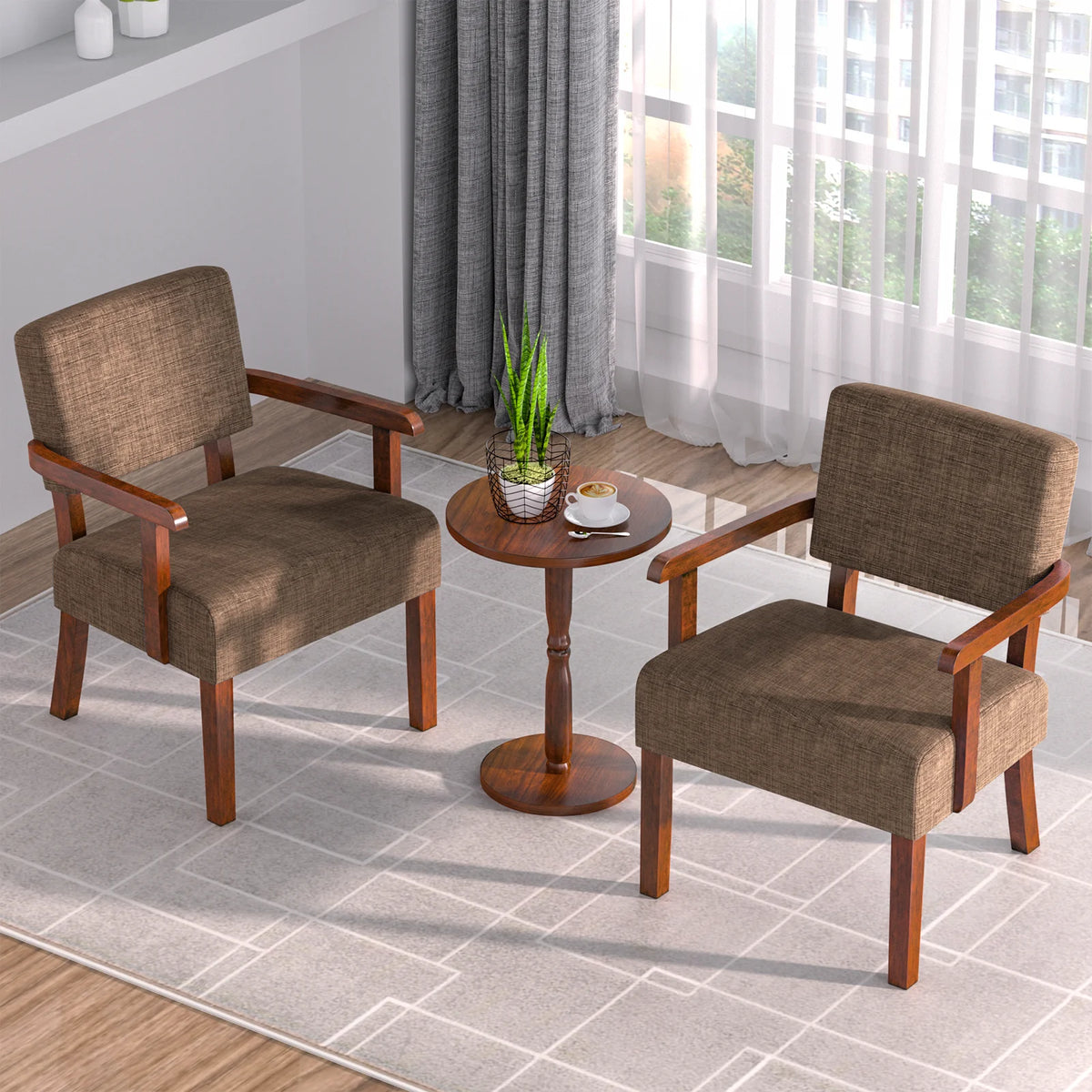 Accent Chair Set of 2 with Table, Mid Century Modern Upholstered Chairs for Living Room,Brown