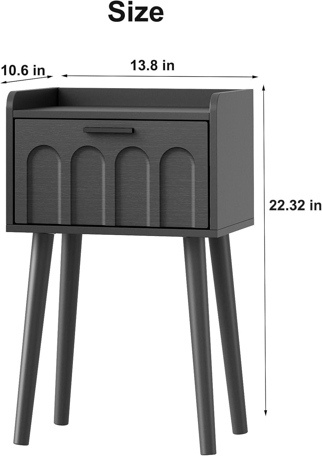 Nightstand Set of 2, Mid- Century Small Side End Table with Arced Door, Bedside Tables with Solid Wood Legs for Bedroom, Living Room (Black)