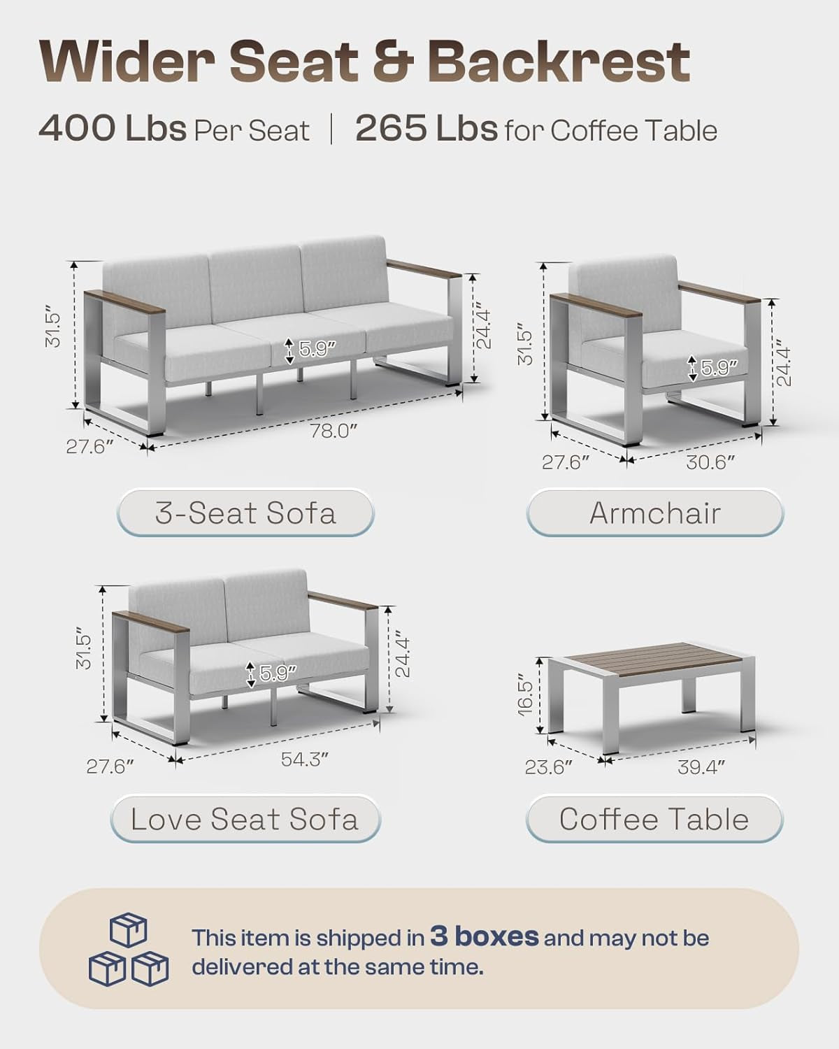 Aluminum Outdoor Furniture Set, 4 Seats Outdoor Patio Conversation Sets with Ergonomic Seat and Wide Washable Thick Cushions, Modern Patio Sectional Furniture for Balcony, Porch (Gray)
