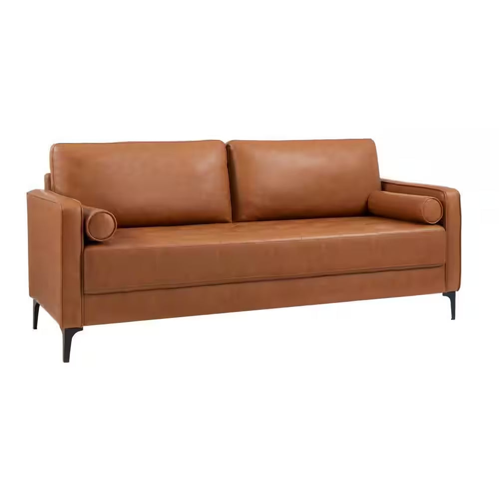 Goodwin 75.6 In. Square Arm Faux Leather Mid-Century Modern Sofa with Bolster Pillows in Caramel Brown