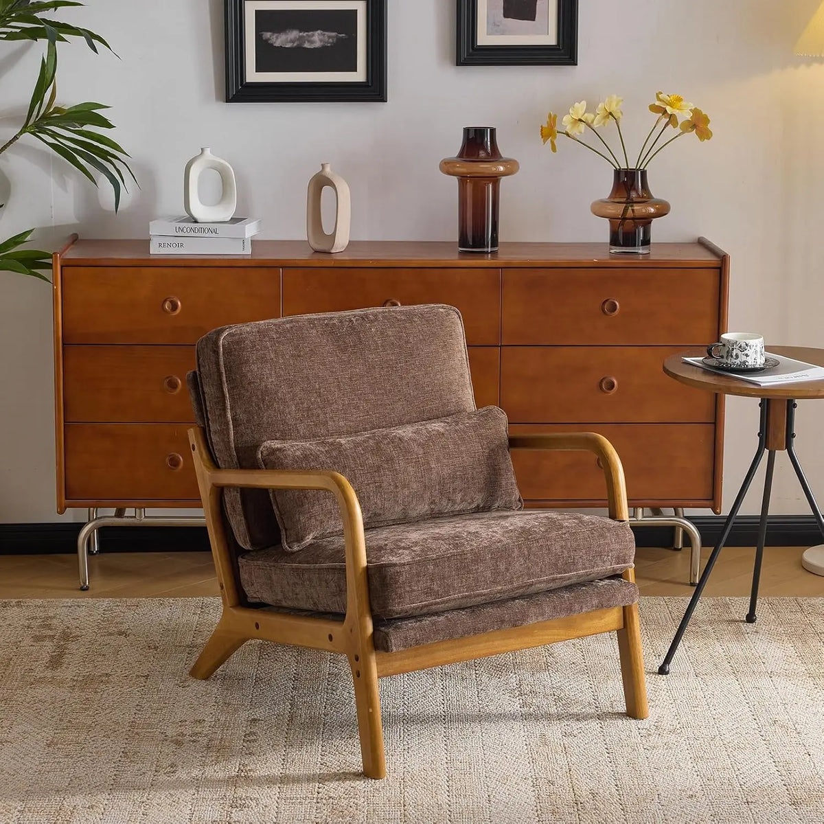 Valencia Collection | Sculptural Desert-Modern Chenille Accent Chair - detail view 20 revealing design nuance in a Mid-Century Modern living room setting.