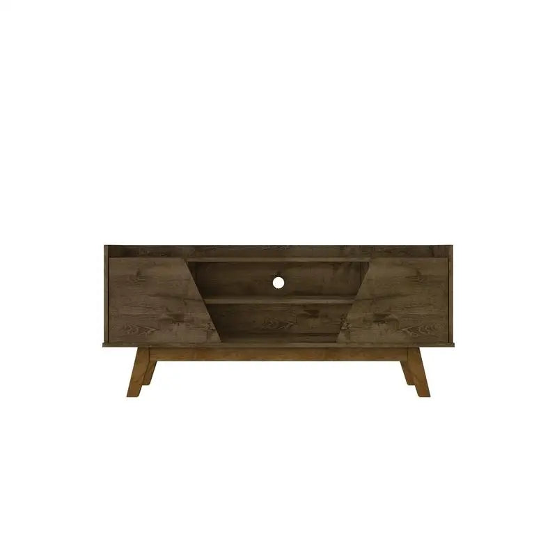 Dresden Collection | Floating Brass-Accented Walnut TV Stand - captured in a curated lifestyle vignette in a Mid-Century Modern living room setting.