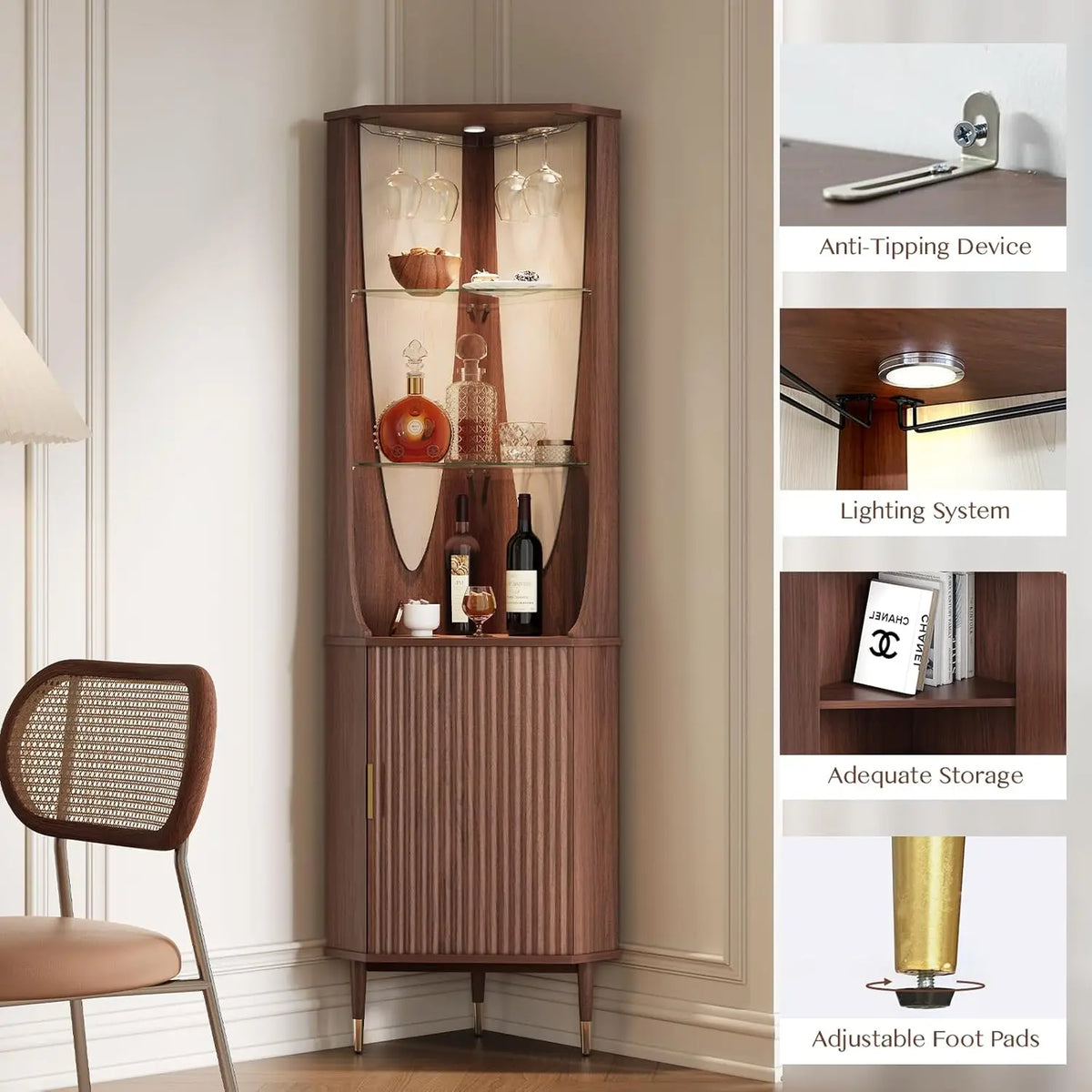 Fontaine Collection | Fluted Glass-Topped Walnut Corner Bar Cabinet - featuring close-up joinery and artisanal finish quality in a Mid-Century Modern dining room setting.
