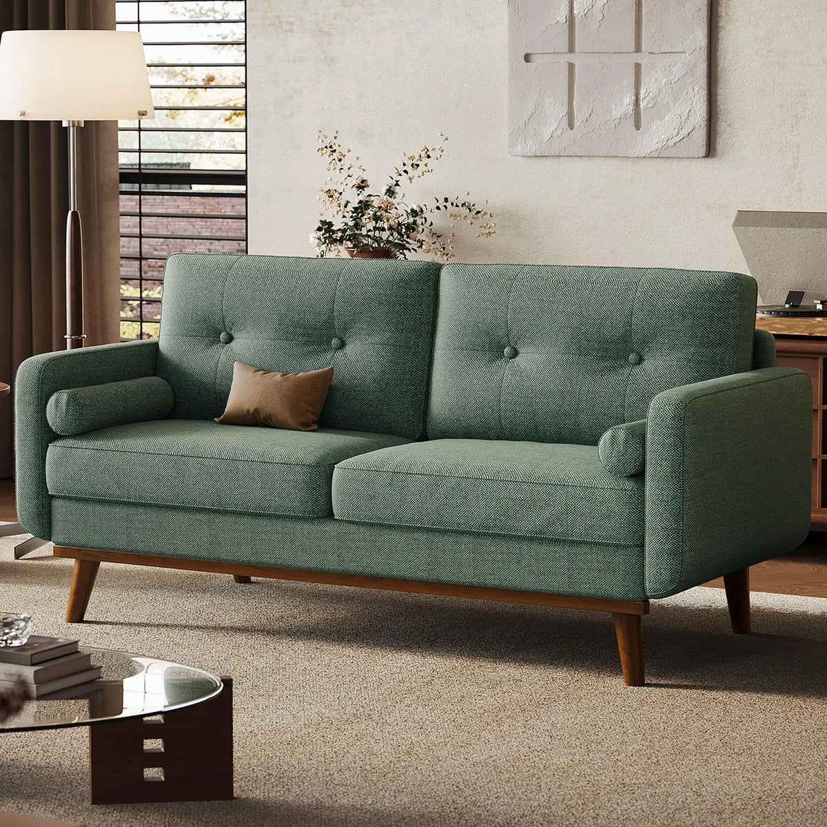 Ellington Collection | Leather-Wrapped Walnut Loveseat - showcasing full sculptural form and curated finish in a Mid-Century Modern living room setting.