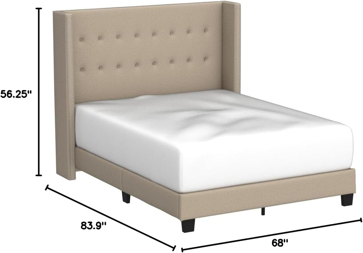 Modern Panel Upholstered Platform Bed, Queen Size, Beige