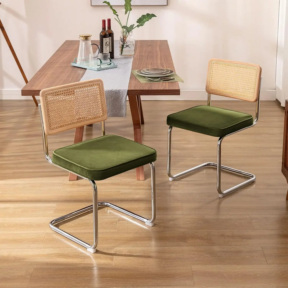 Cordoba Collection | Organic-Form Velvet-Cushioned Velvet & Rattan Dining Chair Set - showcasing full sculptural form and curated finish in a Mid-Century Modern dining room setting.