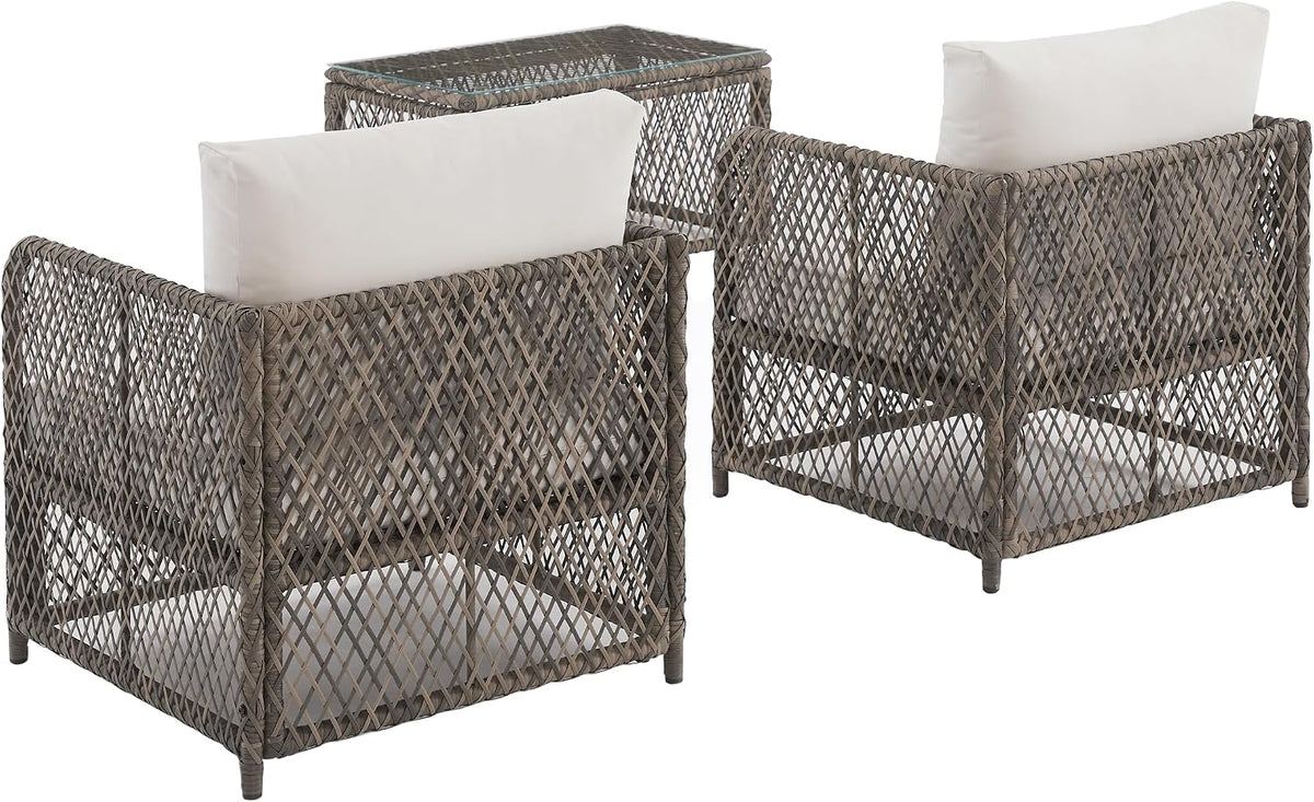 Granite Bay 3-Piece Outdoor Chair and Coffee Table, Modern Wicker Patio Furniture, Porch, Deck, Creme