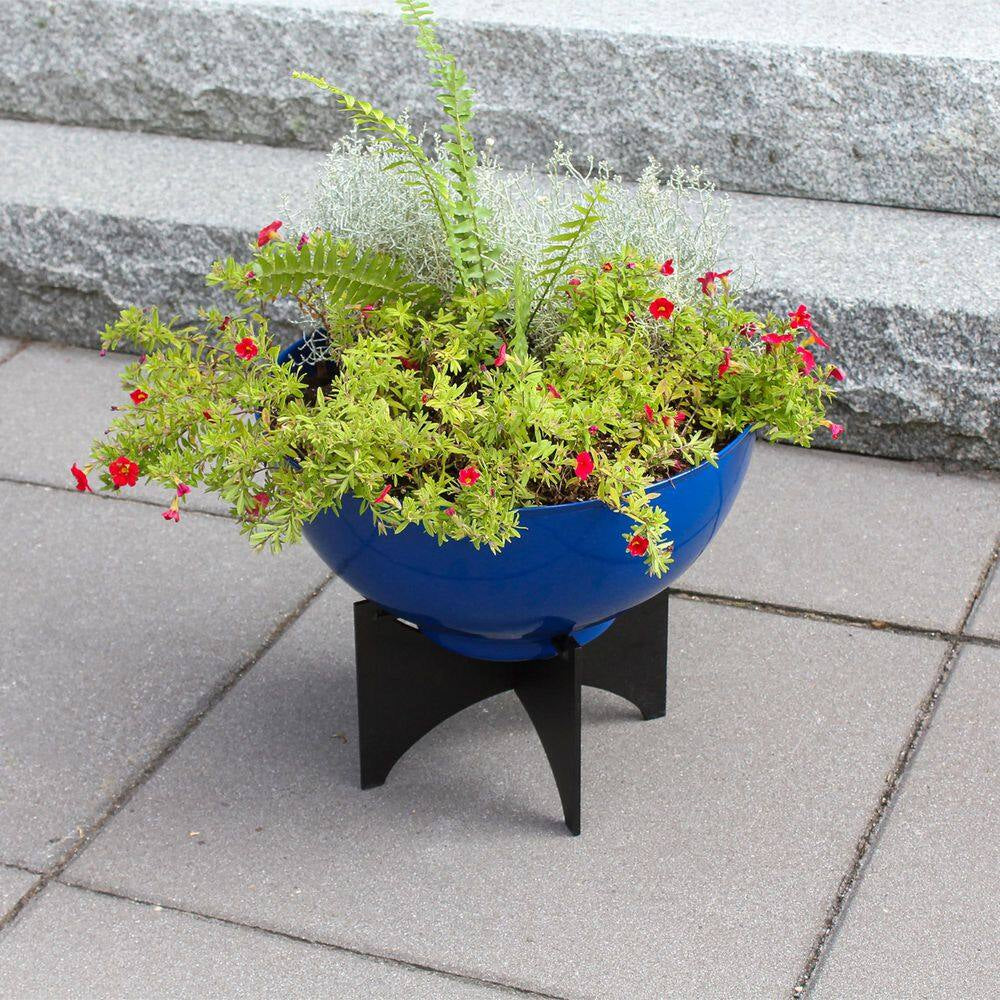 16In.W X 13.75In.H, round French Blue Galvanized Steel Planter Bowl W/Black Wrought Iron Plant Stand, Indoor Outdoor Use