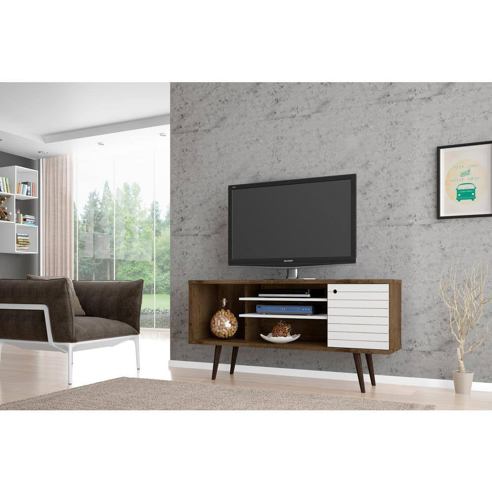 Liberty 53.14 In. Rustic Brown and White TV Stand Fits Tvs up to 50 In. with Storage Doors and Cable Management