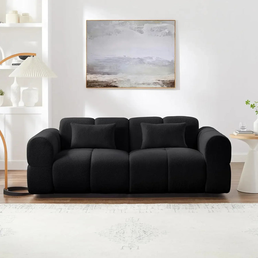 Fontaine Collection | Sculptural Glass-Topped Boucle Cloud Sofa - showcasing full sculptural form and curated finish in a Mid-Century Modern living room setting.