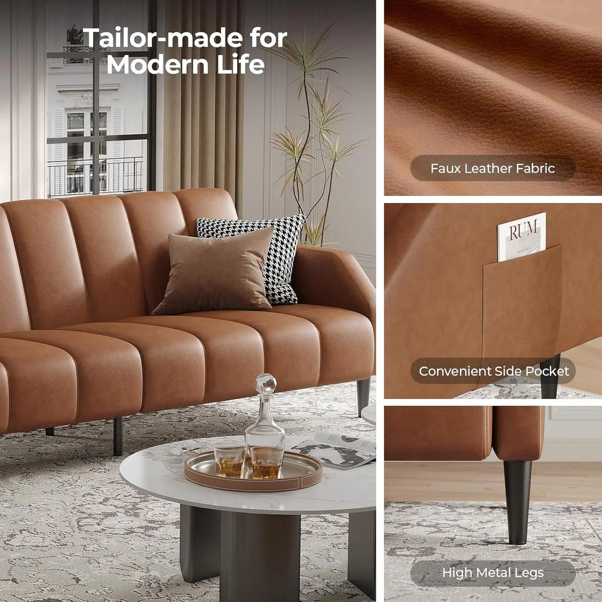 Belmont Collection | Streamlined Leather-Wrapped Convertible in Luxe Faux Leather - highlighting material texture and craftsmanship detail in a Mid-Century Modern living room setting.
