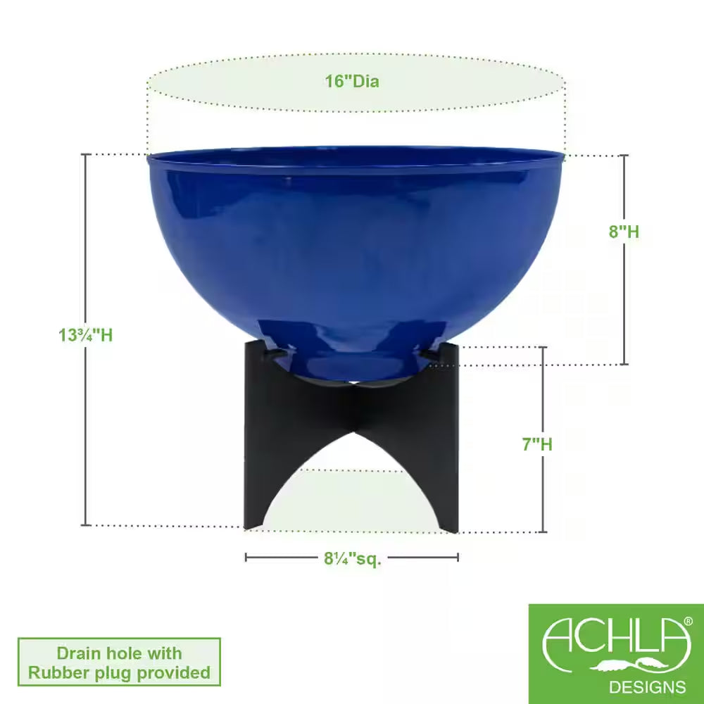 16In.W X 13.75In.H, round French Blue Galvanized Steel Planter Bowl W/Black Wrought Iron Plant Stand, Indoor Outdoor Use