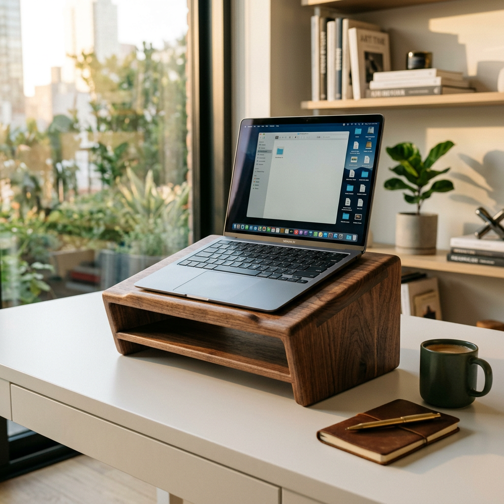 Solid Walnut Laptop Riser | Oakywood Edition - Elevated perspective in American Walnut.