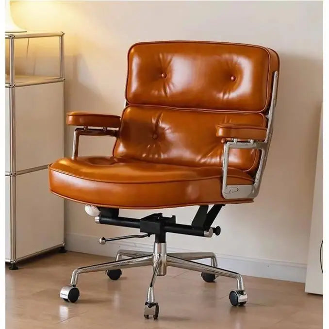 Dresden Collection | Sculptural Leather-Wrapped Executive Swivel - showcasing full sculptural form and curated finish in a Mid-Century Modern living room setting.
