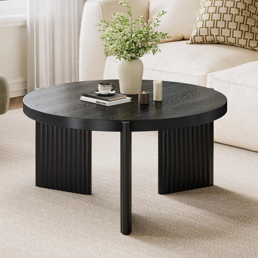 Dresden Collection | Fluted Circular Ebony Round Coffee Table - showcasing full sculptural form and curated finish in a Mid-Century Modern living room setting.