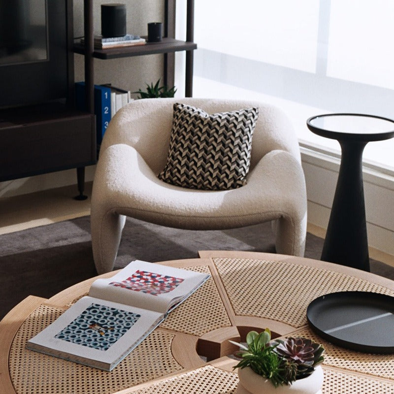 Ellington Collection | Sculptural Velvet-Cushioned Velvet Lounge Chair - captured in a curated lifestyle vignette in a Mid-Century Modern living room setting.