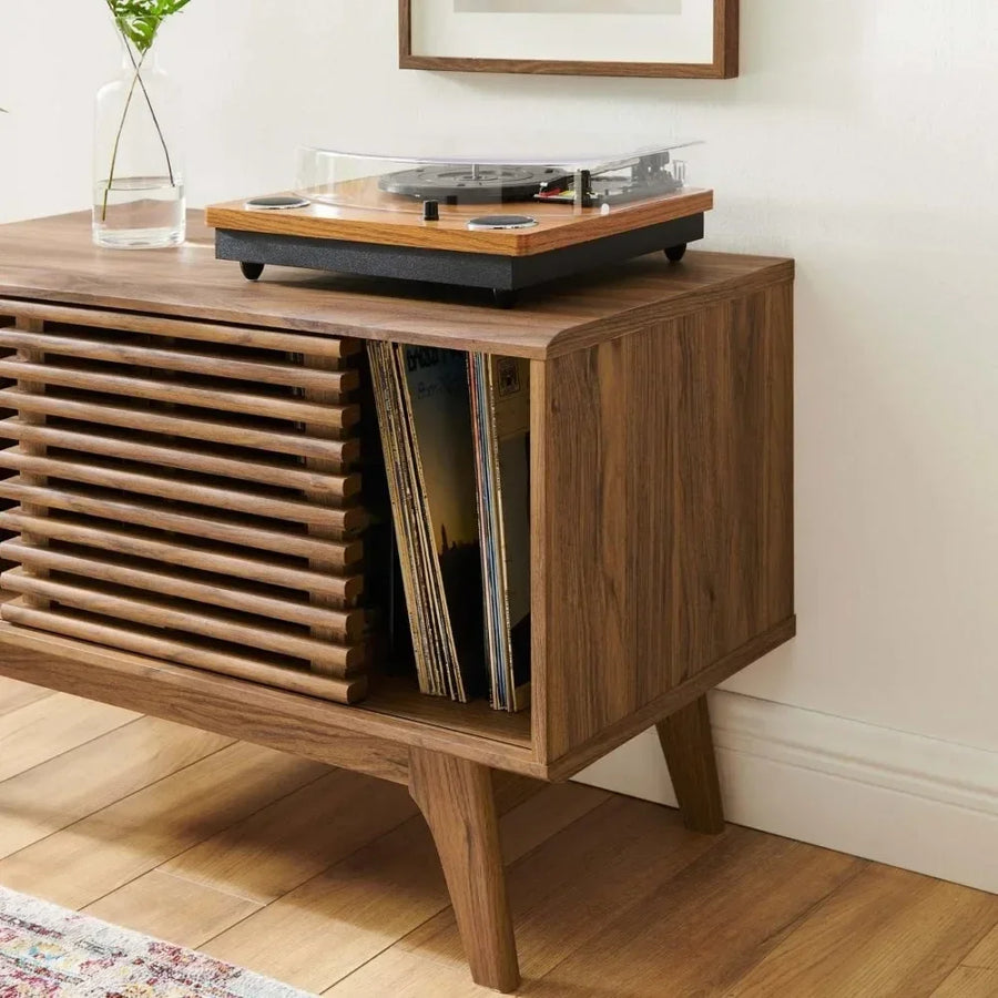 Dresden Collection | Sculptural Atomic-Era Walnut Record Stand - showcasing full sculptural form and curated finish in a Mid-Century Modern living room setting.