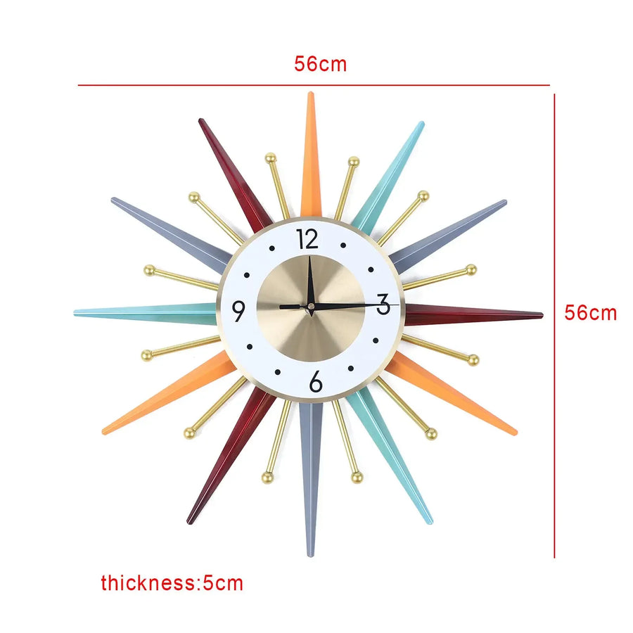 Astoria Collection | Sculptural Brass-Accented Spun Brass Sunburst Wall Clock - showcasing full sculptural form and curated finish in a Mid-Century Modern living room setting.