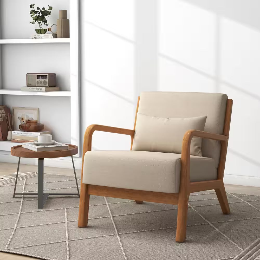 25.78 In. W Modern Beige Wood Frame Cotton and Linen Upholstered Accent Armchair (Set of 1)