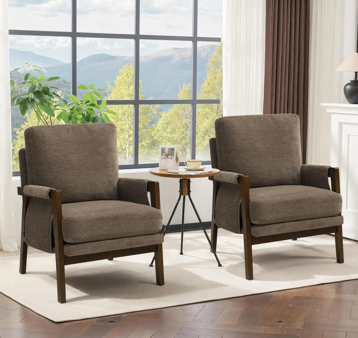 Ellington Collection | Tapered-Leg Brass-Accented Walnut & Brass Accent Chair - styled from an alternate angle revealing dimensional depth in a Mid-Century Modern living room setting.