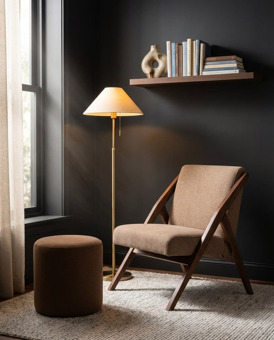 Astoria Collection | Sculptural Steel-Framed Walnut & Steel Set - showcasing full sculptural form and material finish in a Mid-Century Modern living room setting.