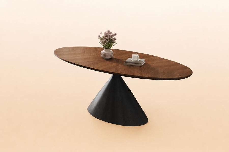 Ellington Collection | Tapered-Leg Round Walnut Extending Table - showcasing full sculptural form and material finish in a Mid-Century Modern living room setting.