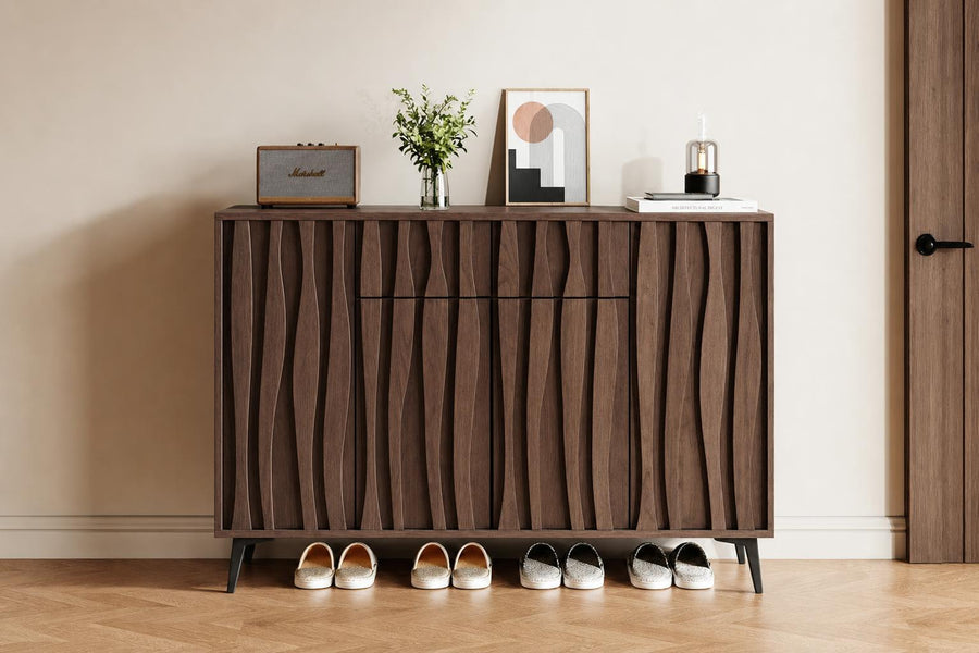 Dresden Collection | Tapered-Leg Brass-Accented Walnut Shoe Cabinet - showcasing full sculptural form and material finish in a Mid-Century Modern living room setting.