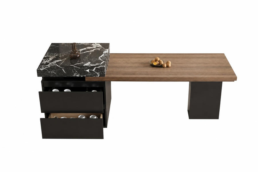 Astoria Collection | Tapered-Leg Desert-Modern Extendable Quartz Table - showcasing full sculptural form and material finish in a Mid-Century Modern living room setting.