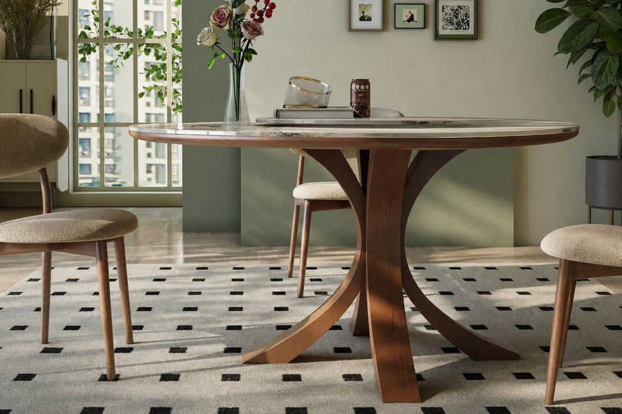 Fontaine Collection | Pedestal Circular Walnut Round Dining Table - showcasing full sculptural form and material finish in a Mid-Century Modern dining room setting.