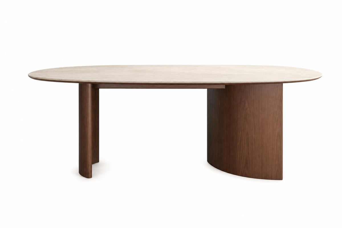 Fontaine Collection | Sculptural Stone-Top Travertine Teardrop Table - showcasing full sculptural form and material finish in a Mid-Century Modern living room setting.