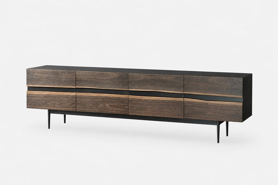 Montague Collection | Geometric Atomic-Era Wooden TV Stand - showcasing full sculptural form and material finish in a Mid-Century Modern living room setting.