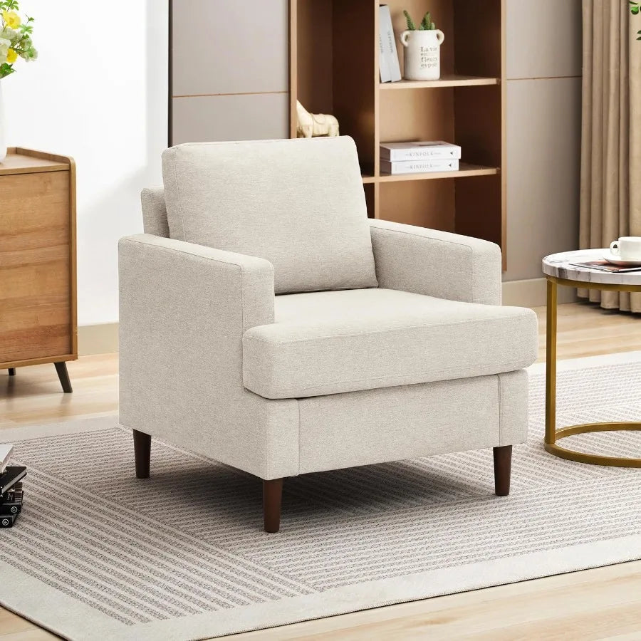 Belmont Collection | Geometric Curved Linen Accent Chair - featuring close-up joinery and artisanal finish quality in a Mid-Century Modern living room setting.